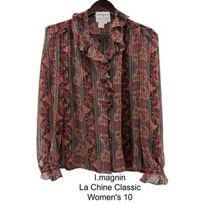 VTG IMagnin La Chine Classic Sheer Boho Romantic Paisley Ruffle Blouse Womens 10